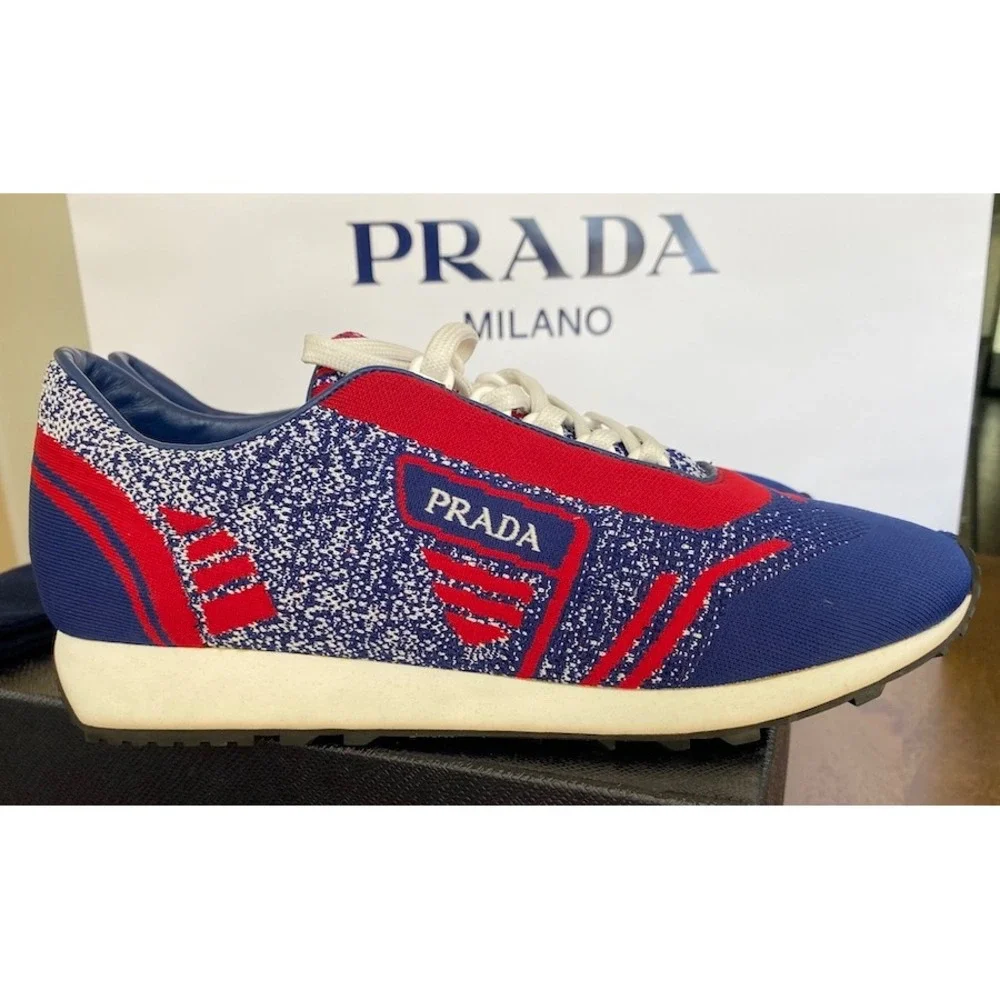 PRADA 2EG272 RED‎ BLUE FABRIC TRAINERS KNIT LOGO LACE UP SNEAKERS UK 7
